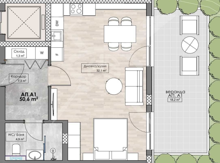 Едностаен апартамент в Пловдив, Кършияка - 60 кв.м за 1277 €/кв.м - Снимка #1