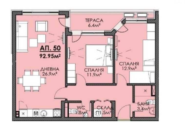 Тристаен апартамент в Бургас, Меден рудник - зона В - 93 кв.м за 980 €/кв.м - Снимка #1