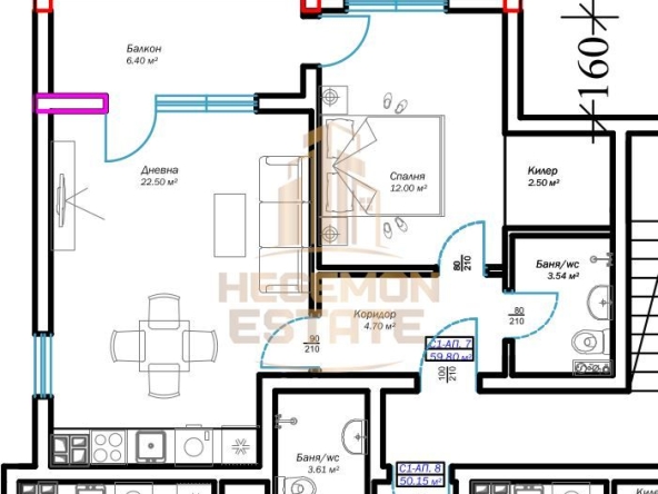 Двустаен апартамент в Варна, м-т Пчелина - 70 кв.м за 1030 €/кв.м - Снимка #1