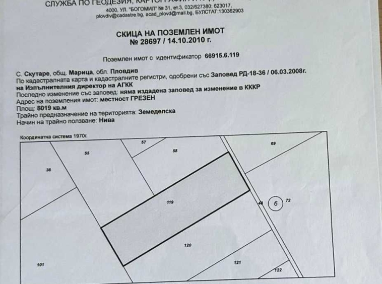 Земеделски имот в с. Скутаре, Област Пловдив -  кв.м за 3181 €/дка - Снимка #1